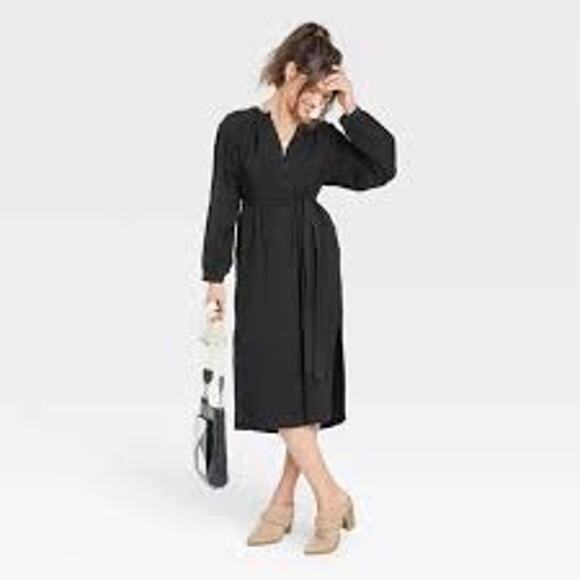 Universal Thread Balloon Long Sleeve Tie-Front Shirtdress w/ Pockets  Blk M New - Picture 1 of 6